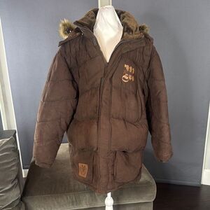 Vintage Makaveli Branded Tupac RARE Brown Puffer Jacket Hood Heavyweight L *READ